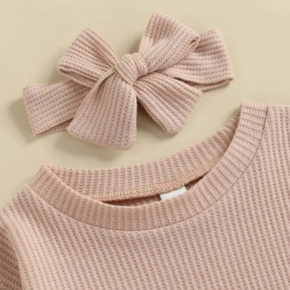 Toddler Girl Boho Waffle Knit Light Pink Sweater & High Waist Bloomer Shorts Set